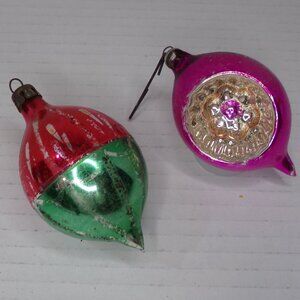 Vintage 2 Teardrop Indented Glass Christmas Balls Pointed Poland Japan Pink Red